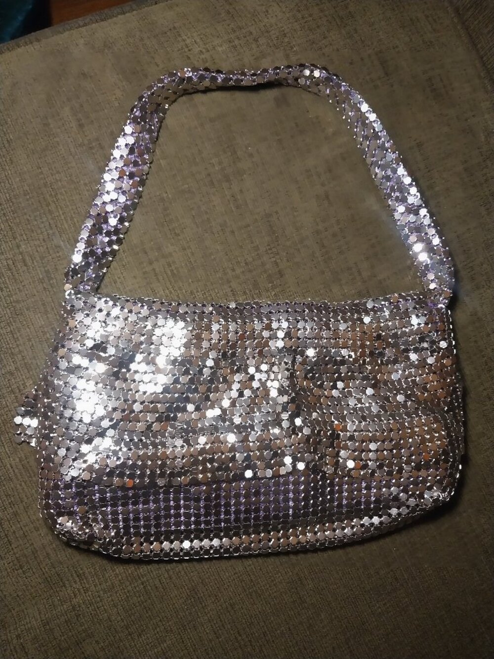 Vintage LIZ Silver Metal Mesh Chainmail Baguette Shoulder Bag Purple Lining